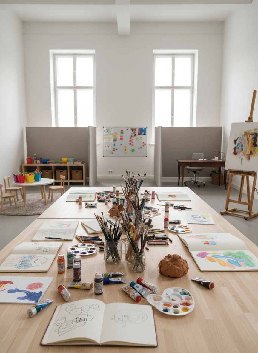 Fotograficzny, realistyczny kadr bez ludzi: duży, jasny stół z jasnego drewna stojący w przestronnym atelier rozwojowym. Na blacie rozłożone są kolorowe farby akrylowe, szkicowniki, miękkie pastele, glina o ciepłym, ziemistym odcieniu i pędzle w szklanych słoikach. W tle widać trzy wyraźnie oddzielone strefy pracy: dziecięcą z niskim stolikiem i pudełkami na materiały, młodzieżową z tablicą magnetyczną oraz elegancką, minimalistyczną część warsztatową dla dorosłych i firm. Miękkie, dzienne światło wpada przez duże okna, tworząc delikatne refleksy. Ujęcie na wysokości oczu, kompozycja w lekkiej perspektywie, atmosfera skupienia, odkrywania i spokoju.