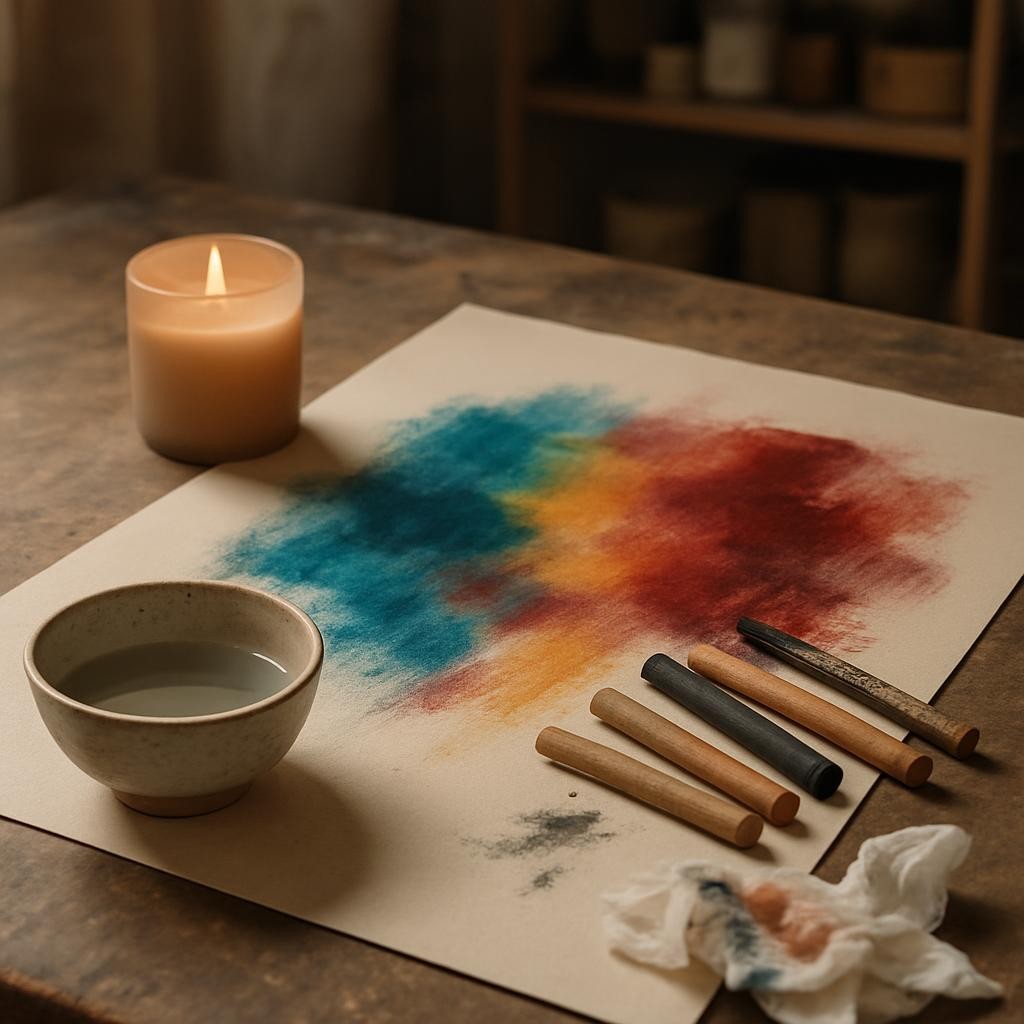 Fotorealistyczne zbliżenie stołu warsztatowego bez ludzi, pokrytego rozłożonym dużym arkuszem grubego, kremowego papieru. Na papierze widać rozpoczęty, abstrakcyjny obraz z intensywnymi plamami turkusu, żółci i karminu, obok leżą naturalne kredki, węgiel rysunkowy i delikatnie wytarte chusteczki. Na pierwszym planie mała, ręcznie robiona ceramiczna miseczka wypełniona wodą do płukania pędzli, obok świeca w matowym, piaskowym szkle sugerująca atmosferę uważności. W tle, lekko rozmyta półka z artystycznymi materiałami i neutralnymi teksturami. Miękkie, boczne światło tworzy głębię i delikatne cienie. Kadrowanie w lekkim zbliżeniu, klimat intymny, sprzyjający wglądowi w siebie.